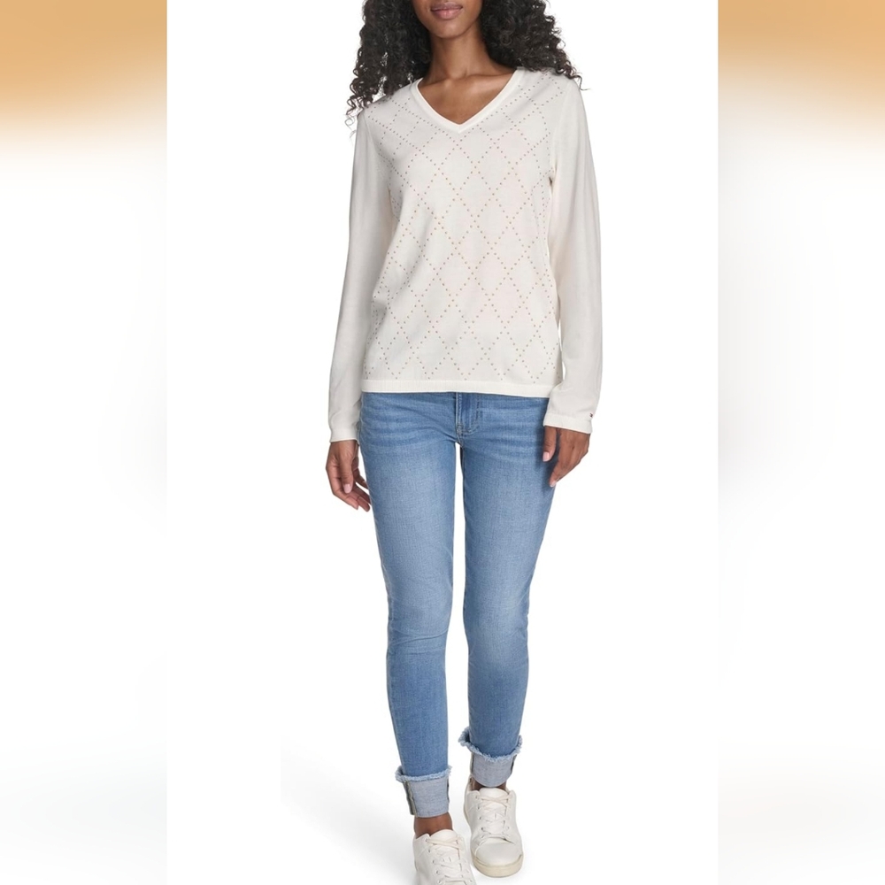 Tommy Hilfiger Women's Long Sleeve V-Neck Gold Beads Soft Cotton Sweater XS